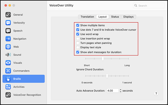 Layout tab in the VoiceOver Utility screen with the settings listed in step 6 indicated.