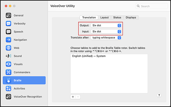 VoiceOver Utility Translation tab showing the Output and Input fields set to Six dot.