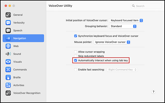 VoiceOver Utility Navigation panel with the marked Automatically interact when using tab key checkbox indicated.