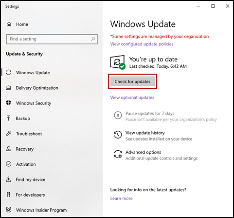 Windows Update screen with the 'Check for updates' button indicated