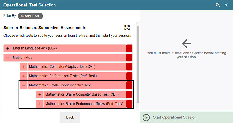 Operational Test Selection screen with Mathematics Braille Hybrid Adaptive Test indicated