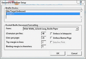 Document Embosser Setup window, with 'Viewplus' selected under the Brailler Device heading.