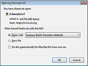 File dialog box for opening the brfsample.brf file using the Duxbury Braille Translator.