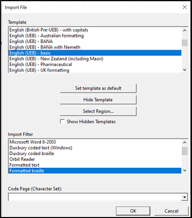 Import File window, showing appropriate selections for the Template and Import Filter settings.