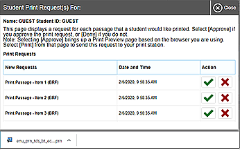 Chrome browser open to the Student Print Request page with a downloaded file at the bottom of the window