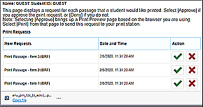Chromium-based Edge browser open to the Student Print Request page with a downloaded file at the bottom of the window