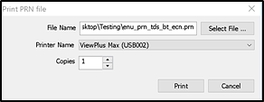 Print PRN File Window displaying fields for File Name, Printer Name and Copies, along with a Print button