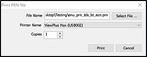 Print PRN File Window displaying fields for File Name, Printer Name and Copies, along with a Print button