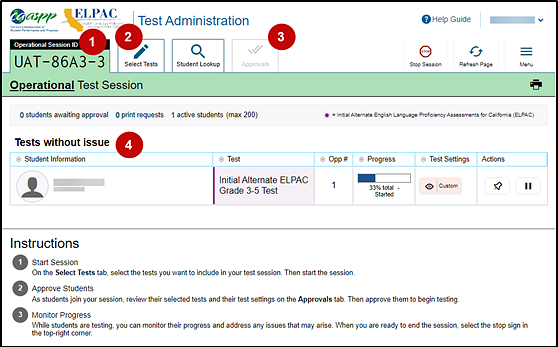 Test Administrator Interface layout with callouts indicating the Session ID, Select Tests tab, Approvals tab, and the Tests without Issue table.