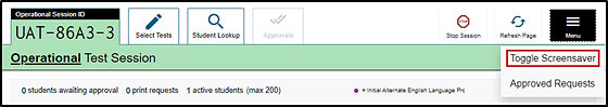 Test Administrator Interface with the Toggle Screensaver option indicated.