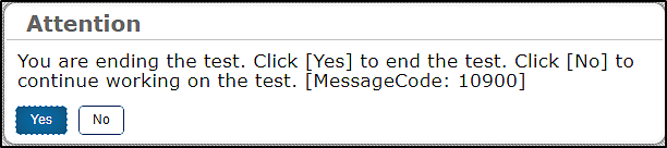 Attention message box stating the test has ended.