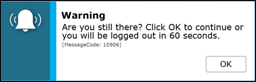 Test timeout warning message that reads, "Are you still there? Click OK to continue or you will be logged out in 30 seconds. [Message Code: 10906]."