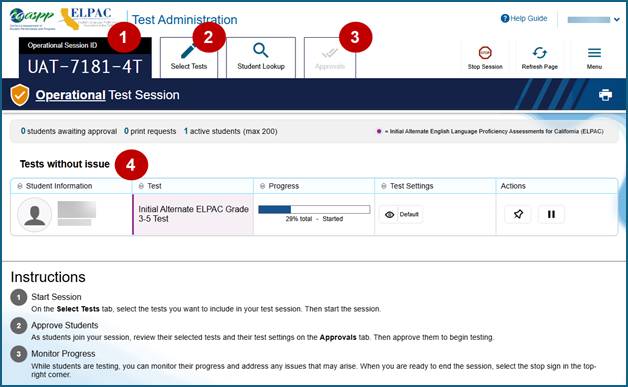 Test Administrator Interface layout with callouts indicating the Session ID, Select Tests tab, Approvals tab, and the Tests without Issue table.
