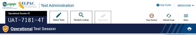 Top section of the Test Administrator Interface.