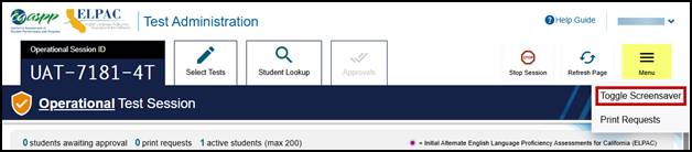 Test Administrator Interface with the Toggle Screensaver option indicated.