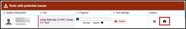 Tests with potential issues table with the Print icon indicated.