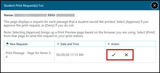 Student Print Request window with one item in the queue with the Approve and Deny icons indicated.