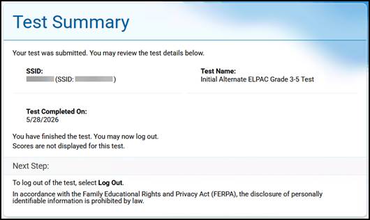 Test Summary screen that reads, "Your test was submitted. You may review the test details below."