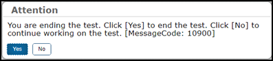 Attention message box stating the test has ended.