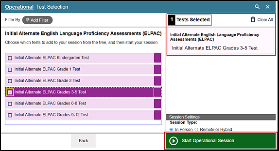 Operational Test Selection screen with the list of available items expanded with the marked checkbox, Tests Selected section and Start Operational Session button indicated.