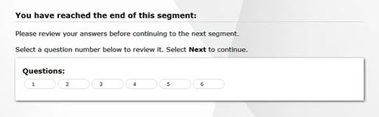 Review screen for in-test survey questions 1 through 6 with notification of reaching the end of the test and question numbers one through six for selection.