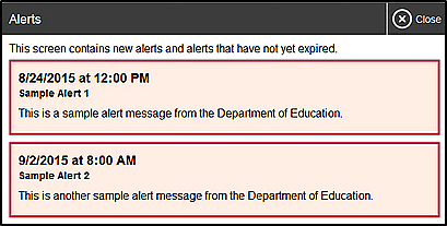 Record of alerts, which reads, 'This screen contains new alerts and alerts that have not yet expired.' 