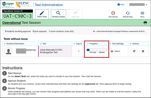 Test Administrator Interface layout with students in session with the Progress column indicated.