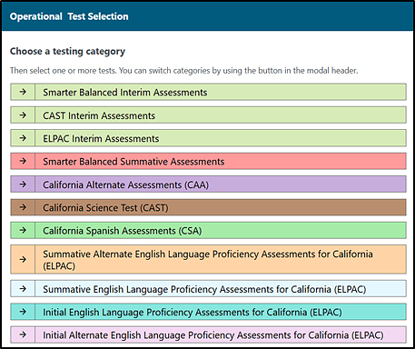 Operational Test Selection screen showing categories for the Smarter Balanced Summative and Interim Assessments, CAAs, CAST, CSA, and the Alternate, Summative, Initial, and Initial Alternate ELPAC.