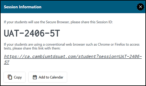 Session Information pop-up with a Session ID presented.