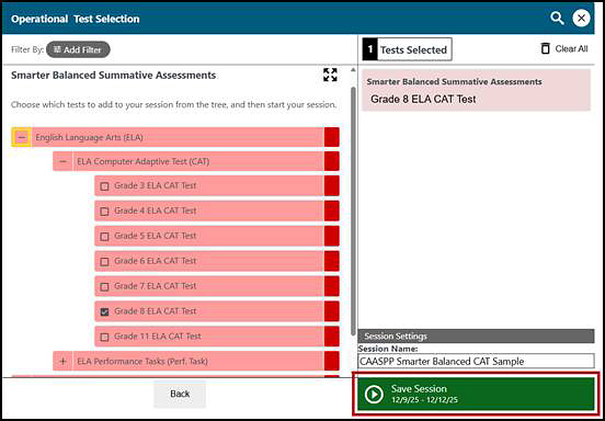 Operational Test Selection screen with the list of available items expanded and Session Settings section that includes the session name and Save Session button indicated.