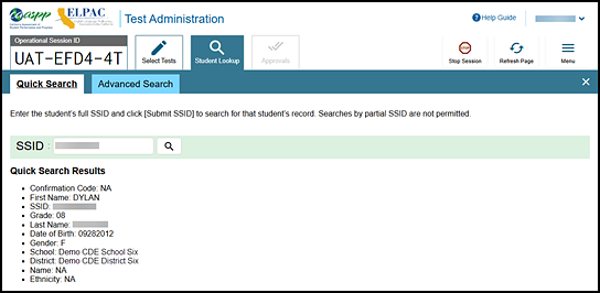 Student Lookup: Quick Search tab with sample student information.
