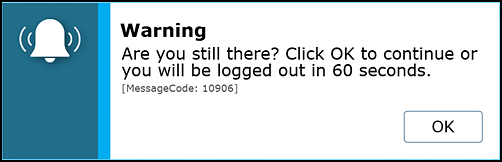 Test timeout warning message that reads, "Are you still there? Click OK to continue or you will be logged out in 30 seconds. [Message Code: 10906]."