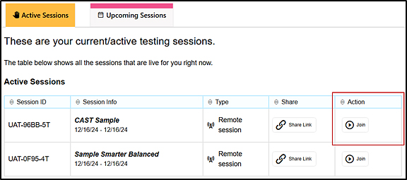 Active Sessions tab in the Active Sessions table with two sessions listed and a Join button in the Action column indicated.