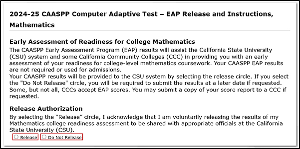 EAP Release and Instructions section of the Data Entry Summary screen with the options of Release and Do Not Release indicated.