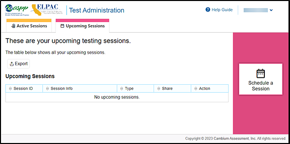 Test Administration screen with the Upcoming Session tab and the Schedule a Session button.