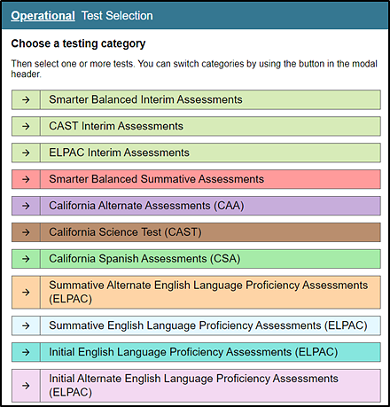 Operational Test Selection screen showing categories for the Smarter Balanced Summative and Interim Assessments, CAAs, CAST, CSA, and the Alternate, Summative, Initial, and Initial Alternate ELPAC.