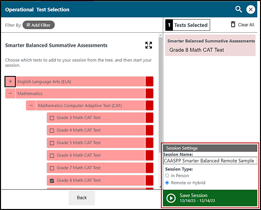 Operational Test Selection screen with the list of available items expanded and Session Settings section that includes the session name, session type and Save Session button indicated.