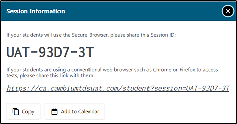Session Information pop-up with Session ID presented