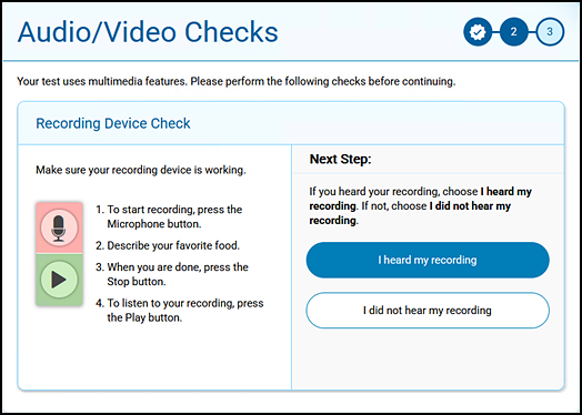 "Recording Device Check" section of the Audio/Video Checks screen.