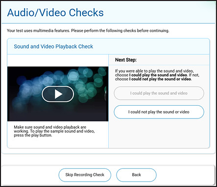 "Sound and Video Playback Check" section of the Audio/Video Checks page.
