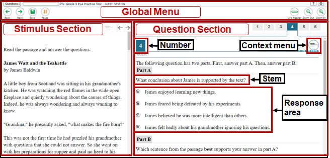 The test layout with the global menu, stimulus section, and question section identified (Within the question section, the question number, context menu, stem, and response area are called out.)
