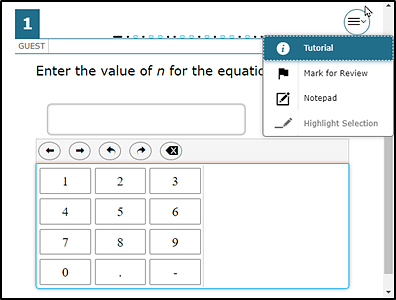 Mathematics practice test question with the context menu displaying the Tutorial, Mark for Review, and Notepad resources that are available.