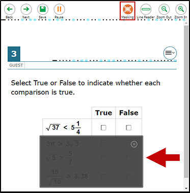 Sample student question with masking (i.e., a black box) applied to a portion of the answer options. The Masking button is indicated in the top-right corner.