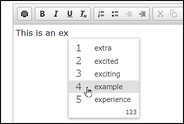 Sample response starting 'This is an ex' with a word list showing 1. extra; 2. excited; 3. exciting; 4. example; and 5. experience.