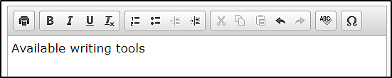 Writing toolbar, with buttons for Bold, Italics, Underline, Superscript, Numbered List, Bulleted List, Left Indentation, Right Indentation, Cut, Copy, Paste, Undo, Redo, Spell Check, and Symbols.