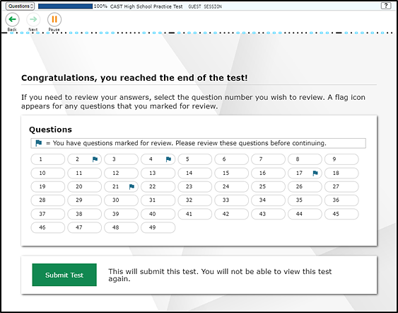 End Test page, which identifies the questions marked for review with a flag