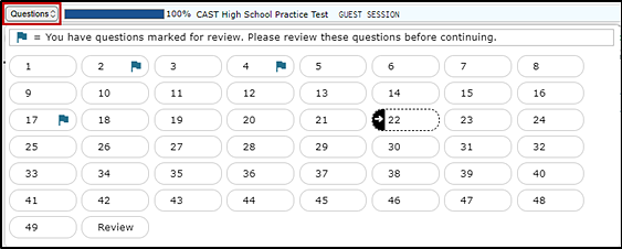 Questions toggle list showing the Review button that returns the student to the Submit Test page.