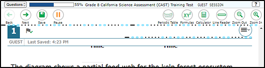 Science practice test question marked for review, the question number and the question number toggle showing it as marked.