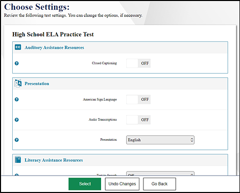 Choose Settings screen for the High School ELA Practice Test