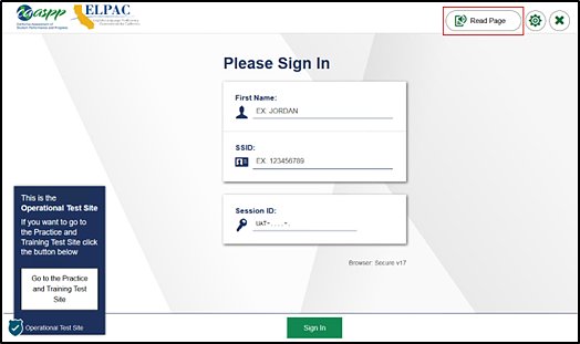 Student Sign In screen with the [Read Page] button indicated..